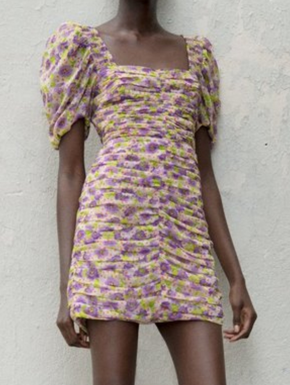 Zara Lilac and Lime Floral Ruched Mini Dress